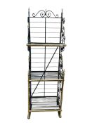 A late 19th century French brass mounted wrought iron bakers' shelves, width 62cm, width 50cm,