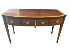 A George III mahogany and satinwood crossbanded bowfronted serving table, width 134cm, depth 66cm,