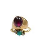 A late Victorian 18ct gold, turquoise and diamond set three stone crossover ring, size M and one