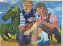 Carola Van Dyke (contemporary), figures and animals, mixed media, framed,