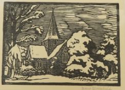 Diane Bloomfield, Church in snow, signed in pencil to the margin, wood engraving, mounted, unframed,