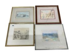 A collection of seven watercolours, pencil studies and prints to include Peter Carreras, etching and