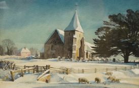 Rowland Hilder (1905-1993), winter churchyard, signed in ink, watercolour, 24 x 34cm