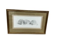 Four sundry works to include a Julie Bloye batik print, a stitched collage by Lucy Goffin a pencil