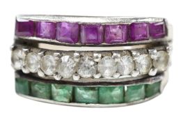 A yellow metal and three row, emerald, white stone and ruby cluster set half hoop ring, size P/Q,