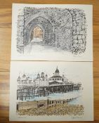 Robert Tavener (1920-2004), two small handcoloured lithographs, Lewes Castle and Eastbourne Pier,