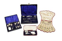 A set of six late Victorian silver teaspoons and matching pair of sugar tongs, with foliate