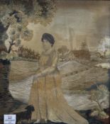 A Regency woolwork and silk picture of a woman and small dog, framed, 43 x 38cm