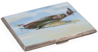 A George VI engine turned silver and enamel cigarette case, the panel decorated with a Hawker