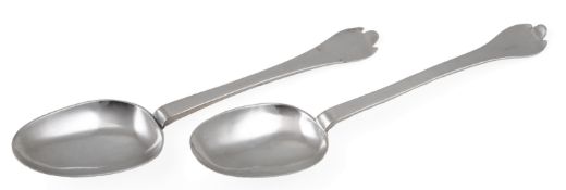 A William and Mary silver trefid spoon, with rat tail bowl and engraved initials by Israel