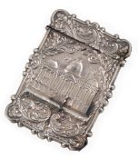 A 19th century North American repousse white metal 'castle top' card case, depicting The United