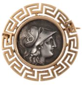 A silver coin and gold brooch, set with an Alexander III silver didrachm coin depicting Athena and