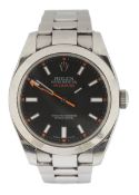 A gentleman's 2009 stainless steel Rolex Oyster Perpetual Milgauss wrist watch, on a stainless steel
