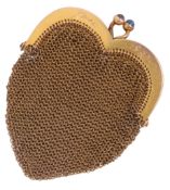 A gold and sapphire novelty coin purse, circa 1899, of heart-shaped outline, the mesh bag with a