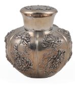 A late 19th/early 20th century Chinese Export white metal tea caddy and cover, by Leun Wo, Shanghai,