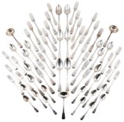 A part canteen of George IV silver fiddle pattern flatware by William Bateman, comprising six