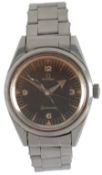A gentleman's rare 1950's stainless steel Omega Railmaster manual wind wrist watch, the black dial