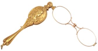 An Art Nouveau gold lorgnette, possibly American, circa 1900, the handle depicting a girl in profile