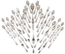 A part canteen of late Victorian silver double struck fiddle, thread and shell pattern flatware by