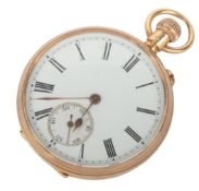 A late 19th/early 20th century continental 18K open faced keyless lever fob watch, the movement