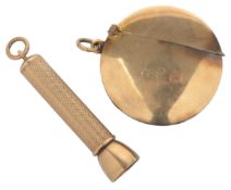 A 9ct gold cigar piercer, circa 1932, and 9ct gold vesta case, circa 1907, the vesta case initialled