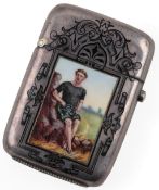 A late Victorian silver and enamel vesta case, by George Unite, one side with two colour enamel