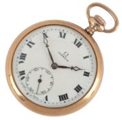 A George V 9ct gold Omega open faced keyless pocket watch, with Roman dial and subsidiary seconds,