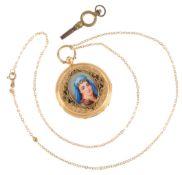 A lady's late 19th/early 20th century Swiss 18k, enamel and rose cut diamond set keywind fob