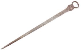 A George III silver meat skewer, by John Sidaway, with decorated terminal and engraved crest, London