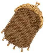 A small gold purse, the gold bag of mesh linking, suspending a fringe of beads, the toggle clasp