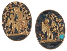 An unusual pair of gold and labradorite panels, circa 1900, depicting Cupid and Venus among roses,