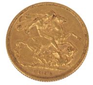 A Victorian gold sovereign coin, 1892 gross weight approximately 8 grams