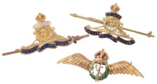 Three gold and enamel Regimental badges, first half 20th century, comprising: two badges for the