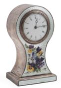 An Edwardian silver and enamelled balloon shaped timepiece, maker's mark rubbed, with Roman dial,