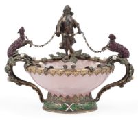 A late 19th century Viennese gilt white metal and two colour enamel mounted rose quartz two