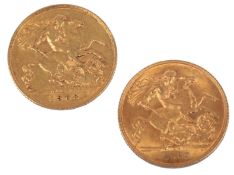 Two half sovereigns, George V, 1912 and Edward VII, 1908, combined gross weight approximately 8