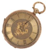 A lady’s continental 18k open faced key wind fob watch, with engraved yellow Roman dial, the case
