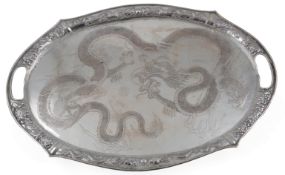 A late 19th/early 20th century Chinese Export white metal tea tray, by Wang Hing, Honk Kong, of