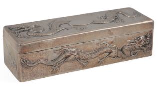 A late 19th/early 20th century Chinese Export white metal pen box with hinged cover, by Hung