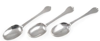 Three late 17th/early 18th century silver trefid spoons, all with rat tail bowls and engraved