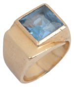 A Retro gold and synthetic spinel ring, France, circa 1935, collet-set with a square step-cut