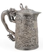 A 19th century Chinese Export white metal jug, with hinged cover, by Leeching, with dragon handle