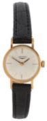 A lady's gold Longines watch, the silvered circular dial with gold hands and baton indicators, to