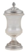 A late 19th/early 20th century French 950 white metal mounted cut glass vase and cover, by