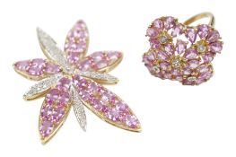 A recent 9ct gold, pink sapphire and simulated diamond cluster set dress ring, size N and a