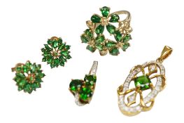 A collection of recent diopside jewels, to include a 9ct gold cluster dress ring, size N, a 9ct
