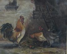 19th century, English school, chickens in a yard, oil on board, 23 x 28cm