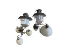 Four industrial style glass lights, largest diameter 40cm, height 36cm
