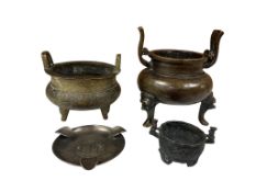 Two Chinese bronze censors and a small example, together with a mid-20th century ashtray, tallest