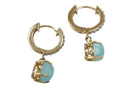 A recent pair of 9ct gold, hemimorphite and diamond set drop earrings, approx. 21mm, gross weight